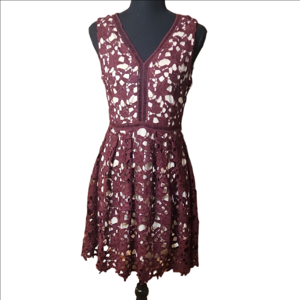 She + Sky Burgundy Lace Midi Dress, Size Small